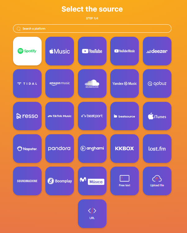 select the source platform from tune my music website