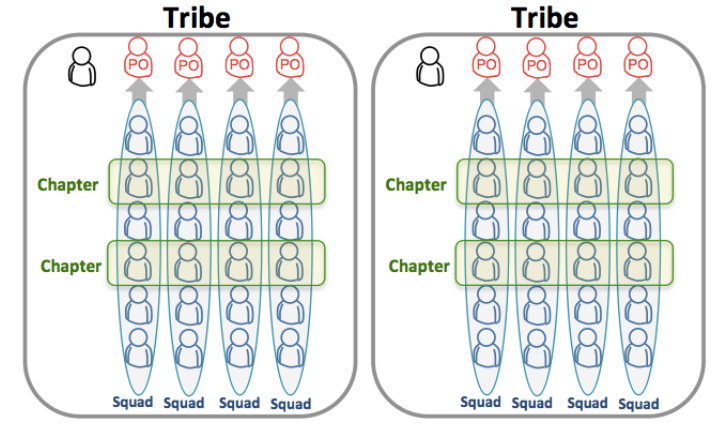 Each chapter meets regularly to discuss their area of expertise and their specific challenges - for example
the testing chapter, the web developer chapter or the backend chapter.