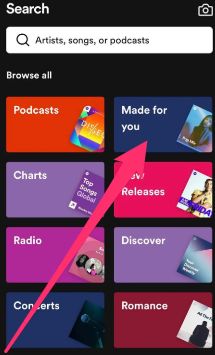 The “Browse all'' heading in the Spotify app, with “Made for you” highlighted. The search icon on the bottom menu of the app is also highlighted.
