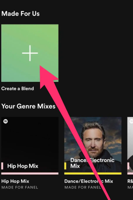 The “Made for you” page on the Spotify app, with the big plus icon highlighted under the “Made For Us” heading.