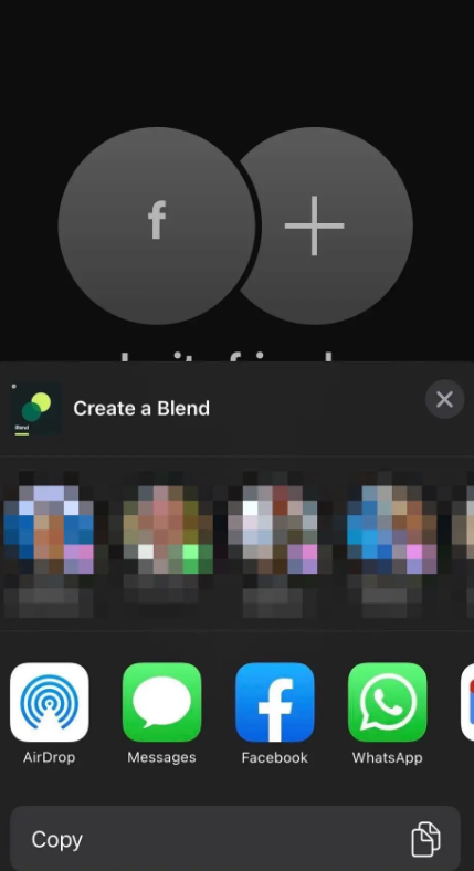 The picture shows the user sharing their Blend invite link through the default sharing option, and it shows various apps to share with.