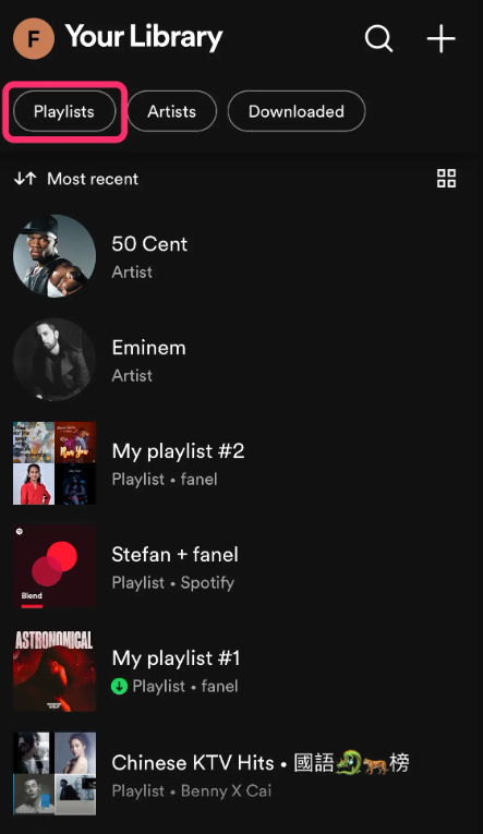 Spotify’s “Your Library” page, with the “Playlists” button highlighted at the top.