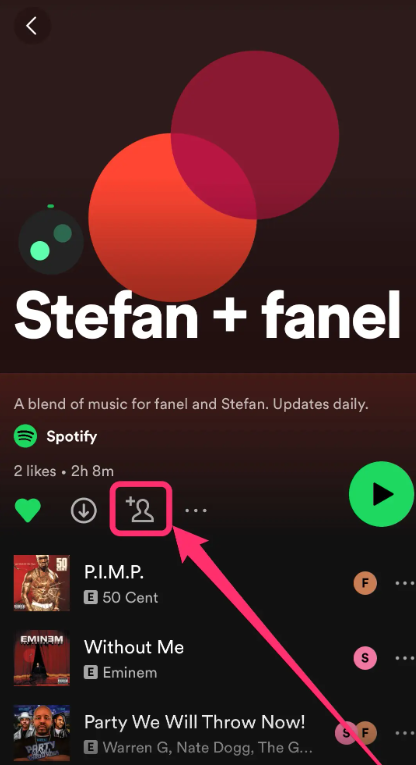 A Blend playlist on Spotify, with the person icon highlighted.