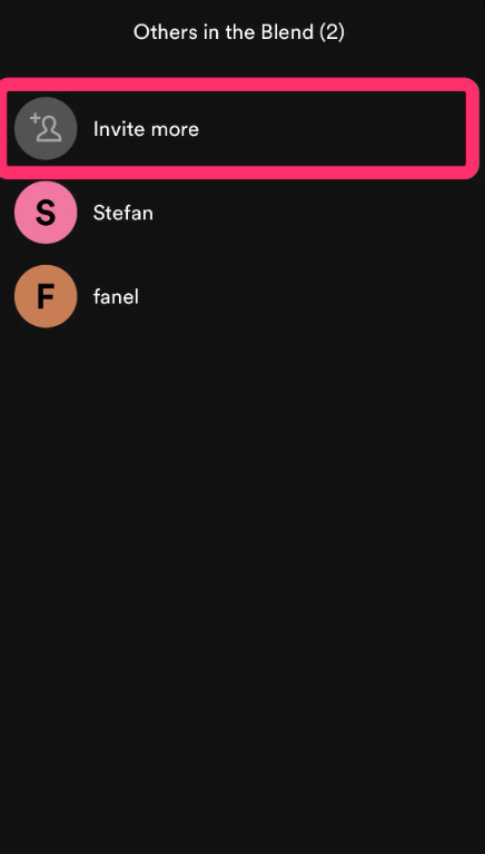 A menu showing a list of people in a Blend playlist, with the “Invite more” option highlighted.