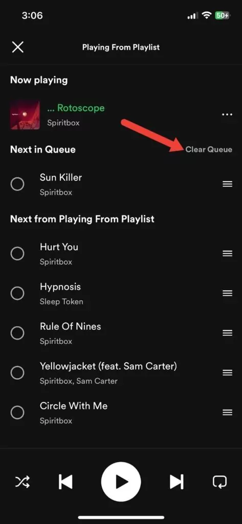 how to clear queue on spotify